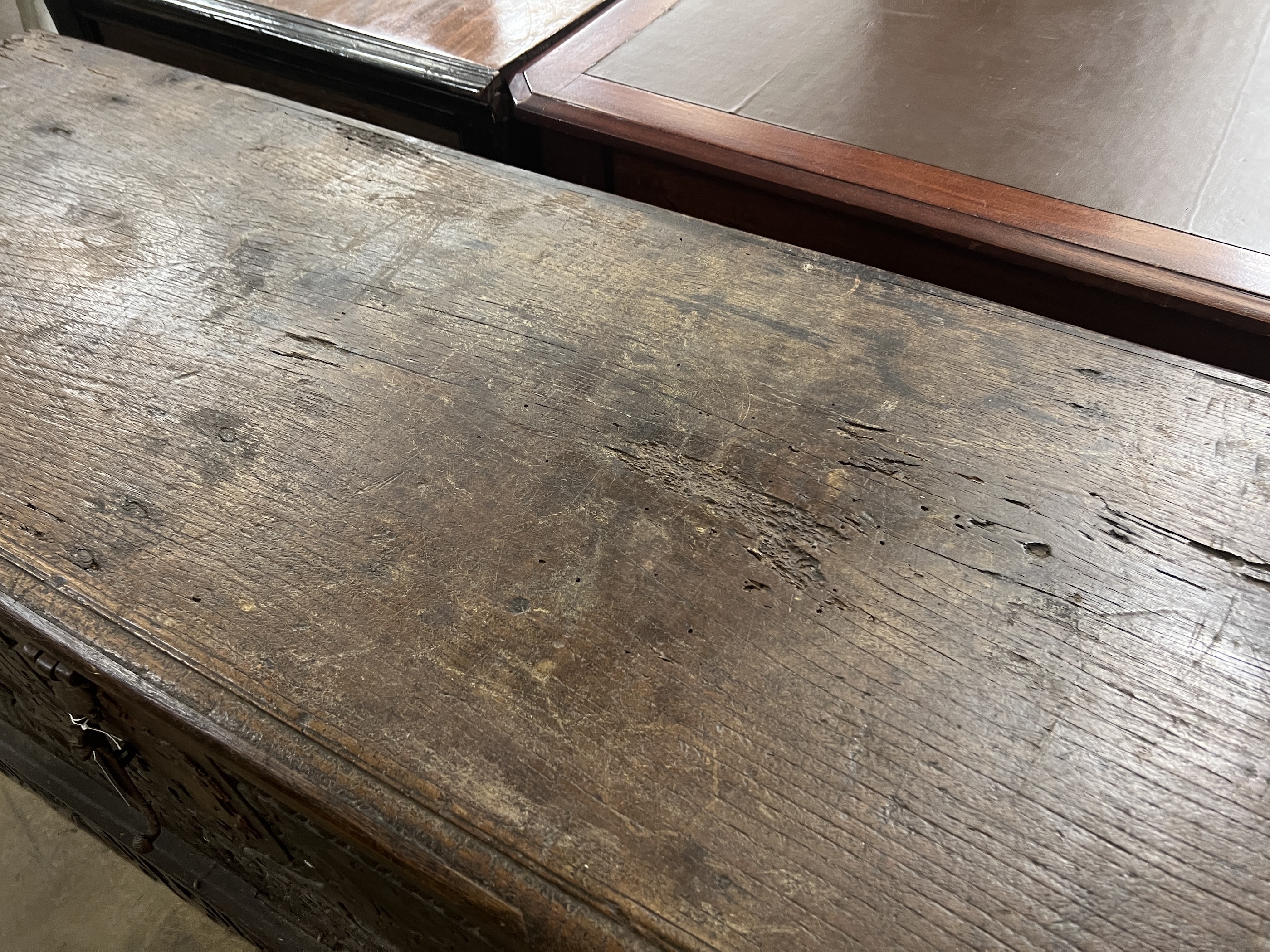 A large 17th century and later continental oak coffer (adapted), width 156cm, depth 58cm, height 72cm